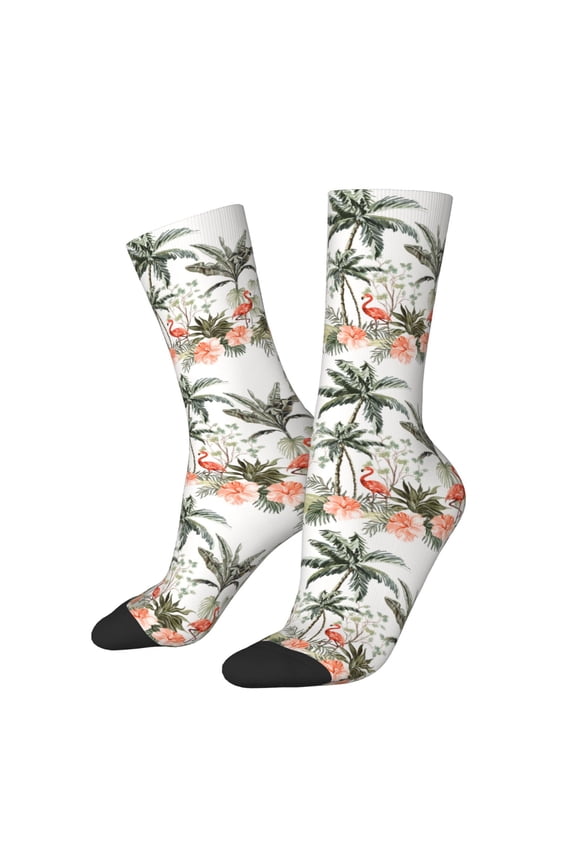Flamingo Palm Trees Print Adult Socks for Men & Women,Calf Socks, Ankle Socks,Boots Socks,Breathable Casual Sock,Unisex Crew Socks