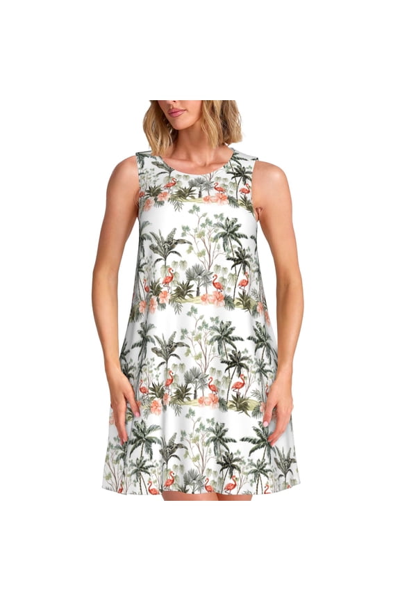 Flamingo Palm Trees Print Summer Dresses for Women,Beach Sleeveless Flowy Pocket Tshirt Tank Sundresses,Women's Sleeveless Dress