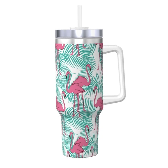 Logiee Flamingo Print 40OZ Ice Bully Cup with Handle and Straw, Double Wall Stainless Steel Tumbler,Travel Coffee Cup with Lid, Summer Insulation and Cooling Cup