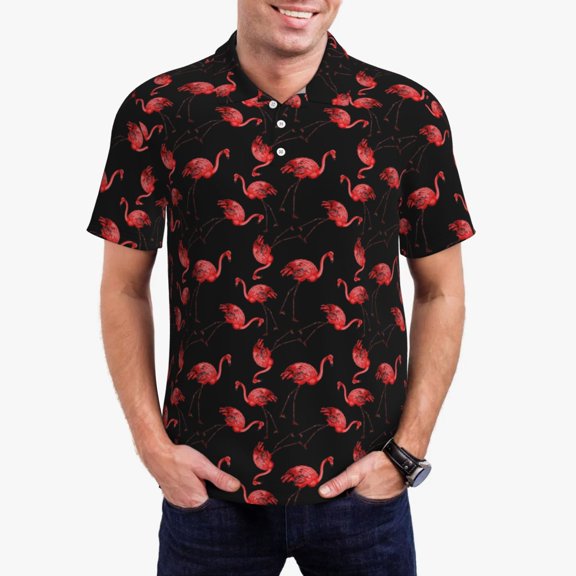 Logiee Flamingo Print Mens Polo Shirts,Mens Golf Polo Shirts,Short Sleeve Casual Polo Shirts for Men,Summer Fashion Beach Shirts-Medium