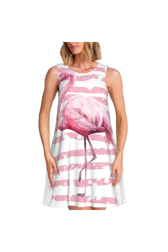 Flamingo Print Summer Dresses for Women,Beach Sleeveless Flowy Pocket Tshirt Tank Sundresses,Women's Sleeveless Dress