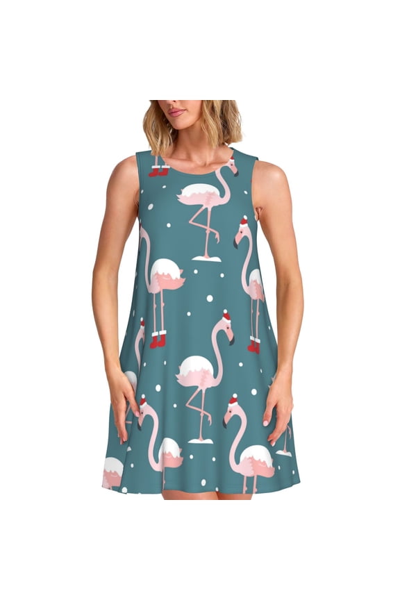 Flamingo Print Summer Dresses for Women,Beach Sleeveless Flowy Pocket Tshirt Tank Sundresses,Women's Sleeveless Dress