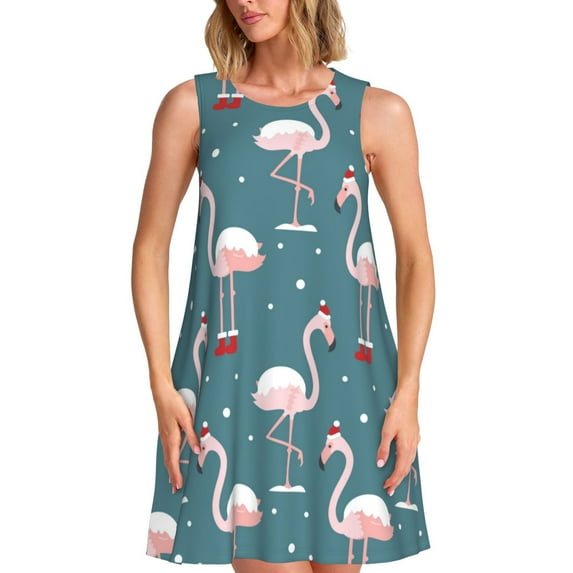 Logiee Flamingo Print Summer Dresses for Women,Beach Sleeveless Flowy Pocket Tshirt Tank Sundresses,Women's Sleeveless Dress