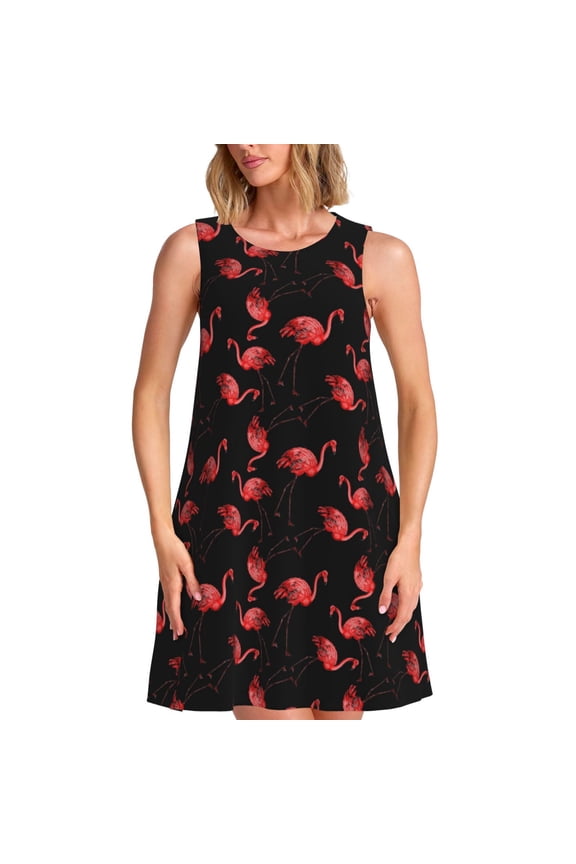 Flamingo Print Summer Dresses for Women,Beach Sleeveless Flowy Pocket Tshirt Tank Sundresses,Women's Sleeveless Dress