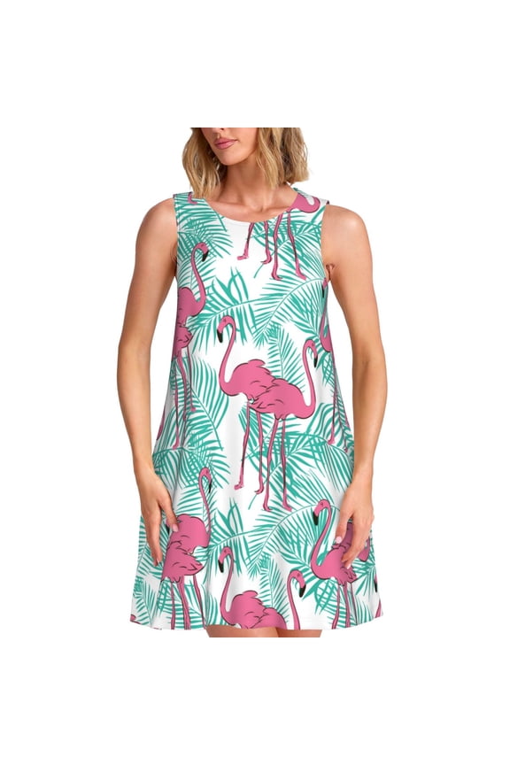 Flamingo Print Summer Dresses for Women,Beach Sleeveless Flowy Pocket Tshirt Tank Sundresses,Women's Sleeveless Dress