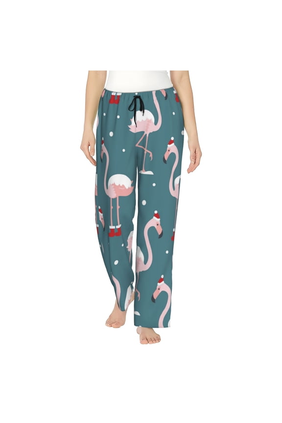 Flamingo Print Women Pajama Pants,Comfy Pj Bottom with Pockets & Drawstring,Stretch Casual Sleepwear-Large