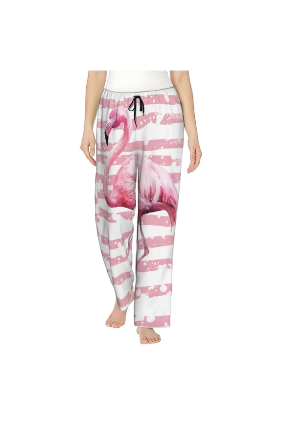 Flamingo Print Women Pajama Pants,Comfy Pj Bottom with Pockets & Drawstring,Stretch Casual Sleepwear-Large
