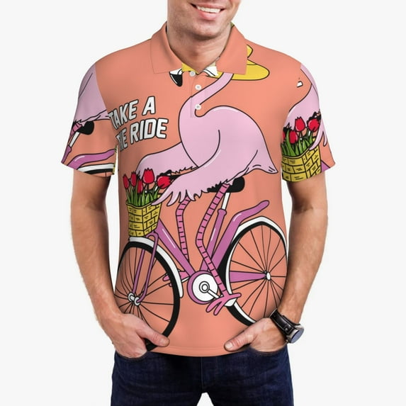Logiee Flamingo Riding a Bicycle Print Mens Polo Shirts,Mens Golf Polo Shirts,Short Sleeve Casual Polo Shirts for Men,Summer Fashion Beach Shirts-X-Large