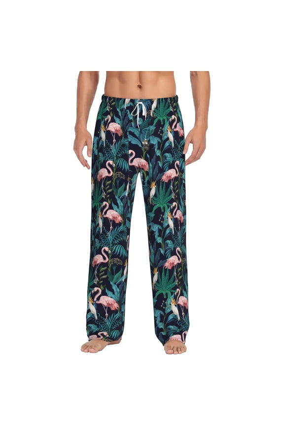 Flamingos And Birds Print Pajama Pants for Men,Men’s Pajama Bottoms,Mens PJ Pants with Pockets & Button Fly-Large