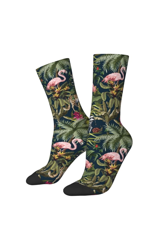 Flamingos And Palm Leaves Print Adult Socks for Men & Women,Calf Socks, Ankle Socks,Boots Socks,Breathable Casual Sock,Unisex Crew Socks