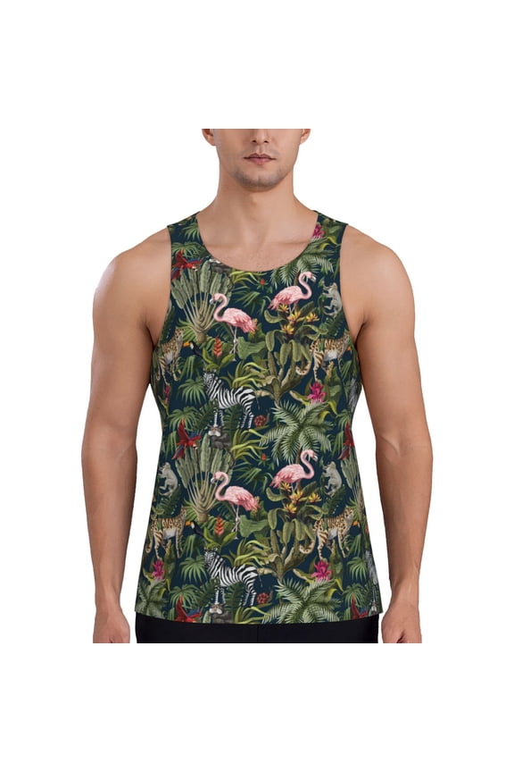 Flamingos And Palm Leaves Print Men's Workout Tank Top,Quick Dry Workout Tank Top,Gym Muscle Tee,Fitness Bodybuilding Sleeveless T Shirt-Large