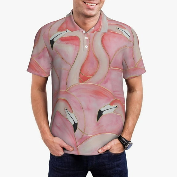 Logiee Flamingos Print Mens Polo Shirts,Mens Golf Polo Shirts,Short Sleeve Casual Polo Shirts for Men,Summer Fashion Beach Shirts-Medium