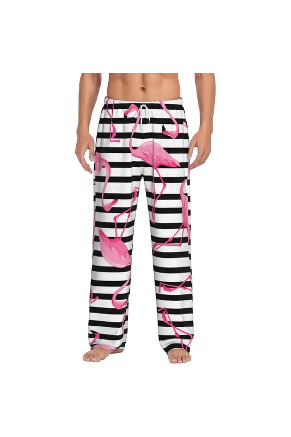 Flamingos Print Pajama Pants for Men,Men’s Pajama Bottoms,Mens PJ Pants with Pockets & Button Fly-Large