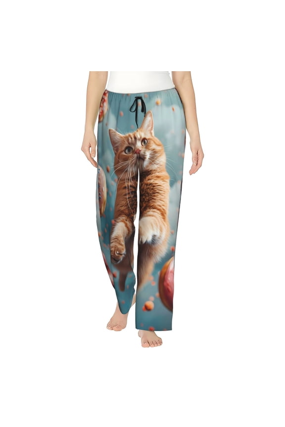 Floating Cat And Donuts Print Women Pajama Pants,Comfy Pj Bottom with Pockets & Drawstring,Stretch Casual Sleepwear-Large