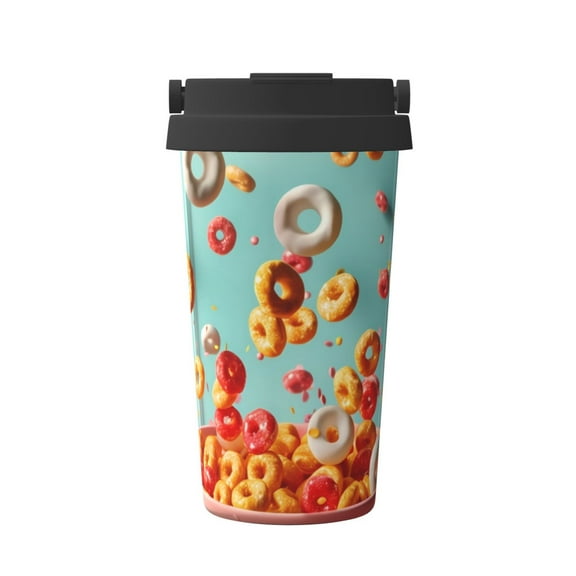 Logiee Floating Colorful Cereal Print Stainless Steel Coffee Tumbler, Travel Coffee Mug, Insulated Coffee Mug with Lid, Spill Proof Coffee Cup, Portable Thermal Mug