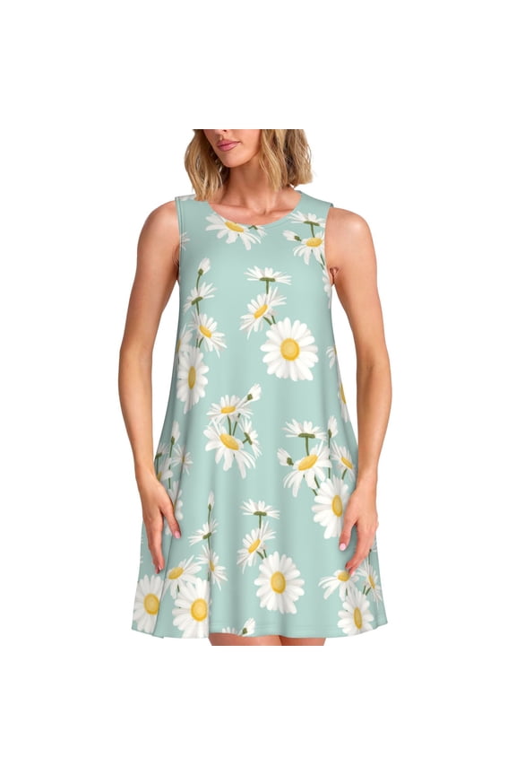 Floral Daisy Print Summer Dresses for Women,Beach Sleeveless Flowy Pocket Tshirt Tank Sundresses,Women's Sleeveless Dress