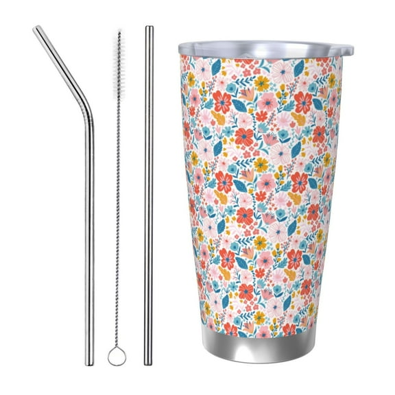 Logiee Floral Ditsy Print 20OZ Car Cup with Lid, Stainless Steel Vacuum Insulated Double Wall Travel Tumbler, Durable Insulated Coffee Mug,Thermal Cup with Straw-Straw Three-piece Set