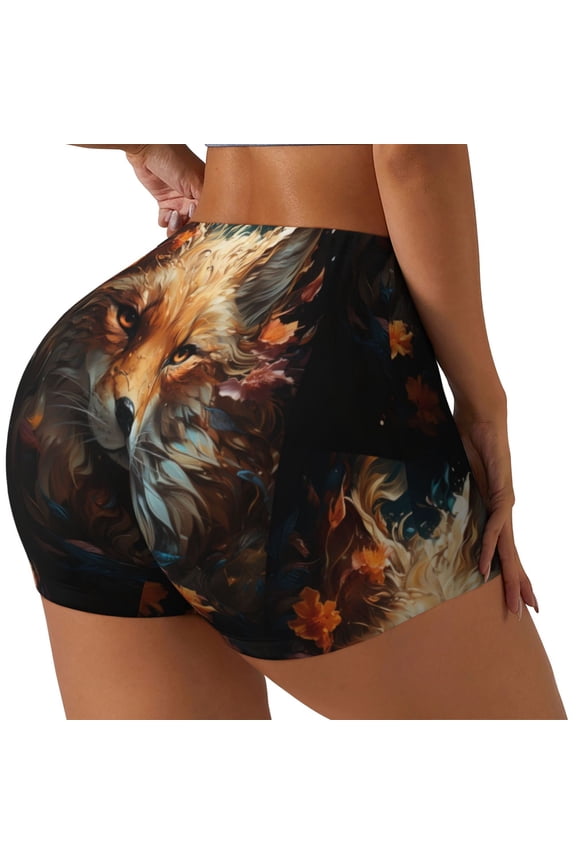 Floral Fox Print Women's Biker Shorts,Workout Gym Shorts,Scrunch Shorts,Tummy Control Hidden Scrunch Running Yoga Shorts-