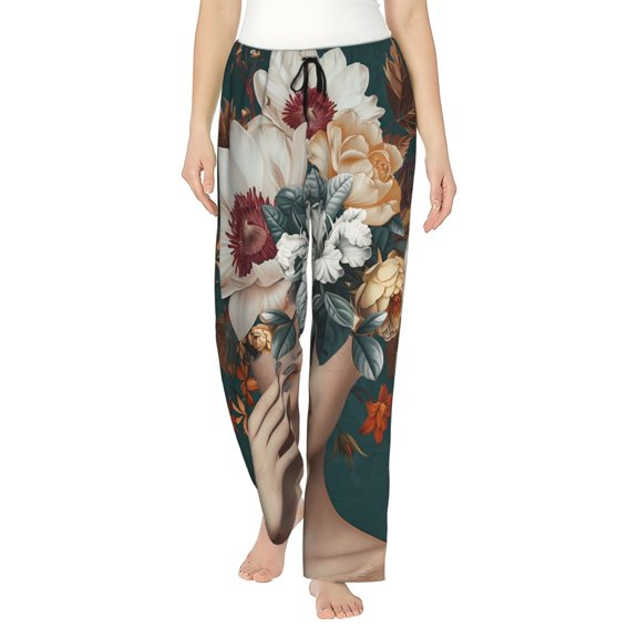 Logiee Floral Head Dreamscape Print Women Pajama Pants,Comfy Pj Bottom with Pockets & Drawstring,Stretch Casual Sleepwear-Large