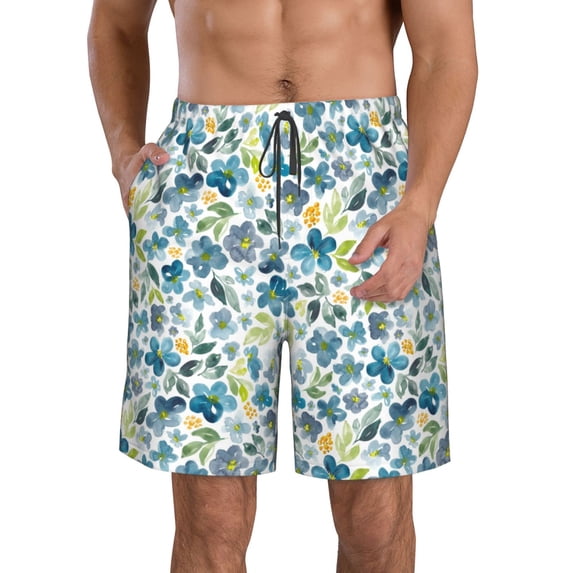 Logiee Floral In Blue Print Mens Swim Trunks Quick Dry Board Shorts,Breathable Hawaii Beach Shorts Swimwear Bathing Suits-3X-Large
