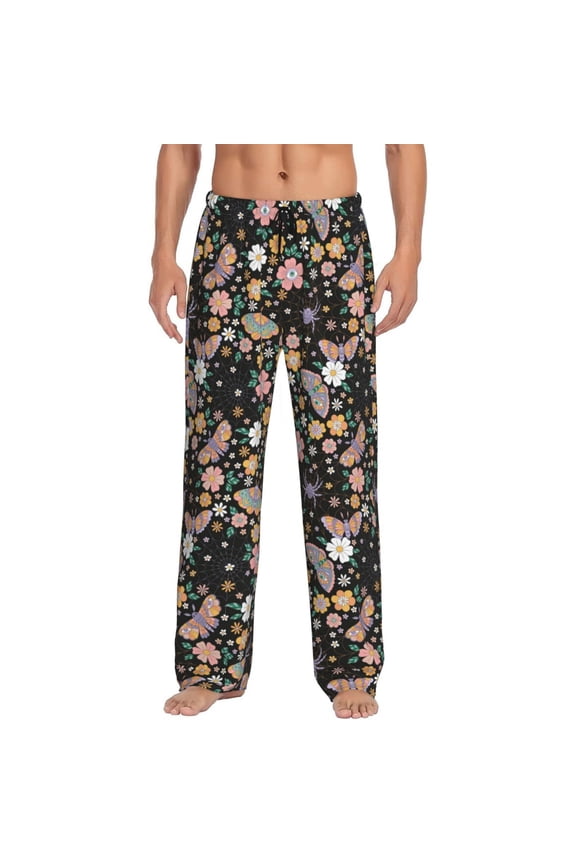 Floral Insects Print Pajama Pants for Men,Men’s Pajama Bottoms,Mens PJ Pants with Pockets & Button Fly-Medium