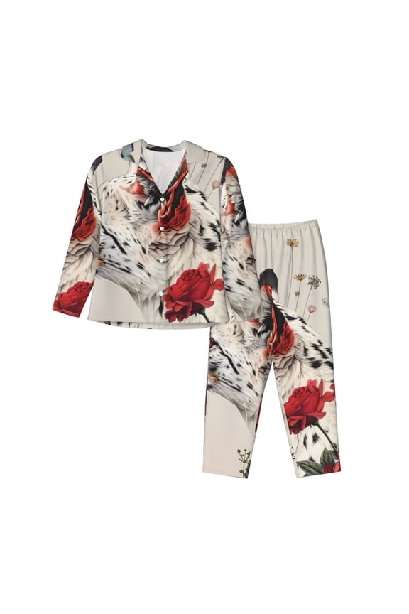 Floral Leopard Butterflies Print Womens Pajamas Set,Long Sleeve Sleepwear,Button Down Lounge Set 2 Pieces,Soft Nightwear Pjs Set-Medium