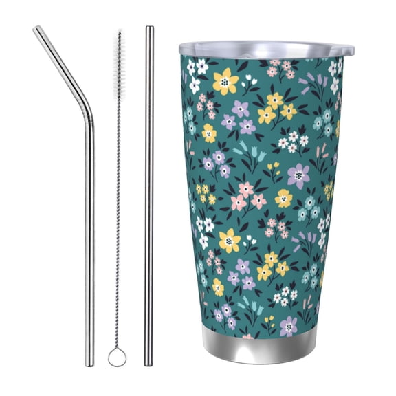 Logiee Floral Print 20OZ Car Cup with Lid, Stainless Steel Vacuum Insulated Double Wall Travel Tumbler, Durable Insulated Coffee Mug,Thermal Cup with Straw-Straw Three-piece Set