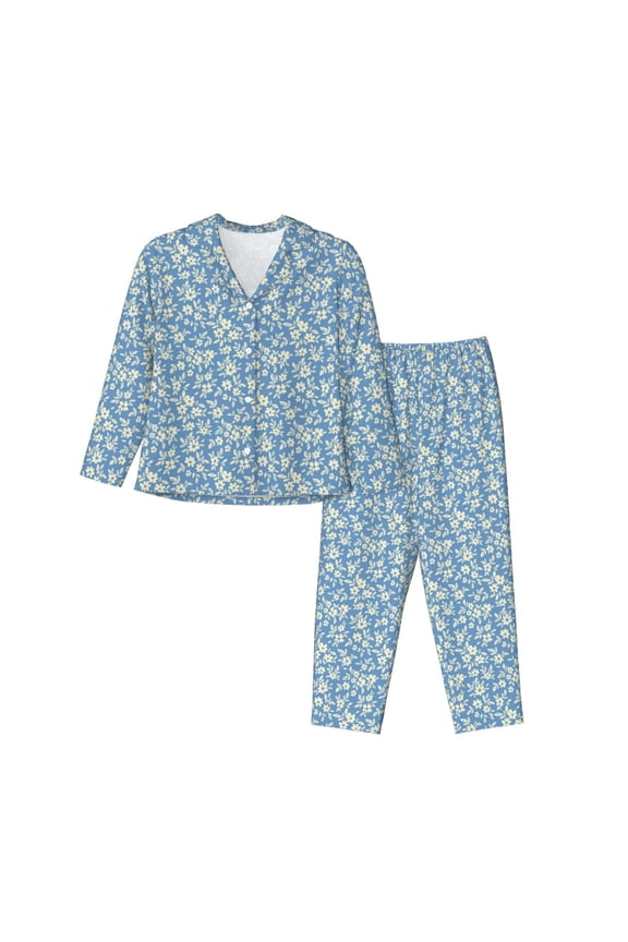 Floral Retro Style Print Womens Pajamas Set,Long Sleeve Sleepwear,Button Down Lounge Set 2 Pieces,Soft Nightwear Pjs Set-Large