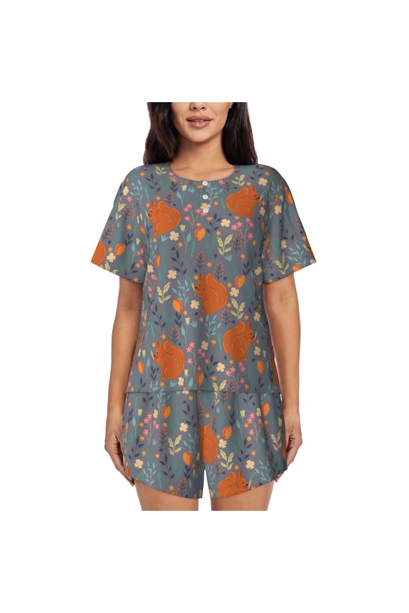 Floral Squirrel Print Womens Pajamas Set,Short-Sleeve Pajama 2 Piece Sleepwear with Pockets-Medium