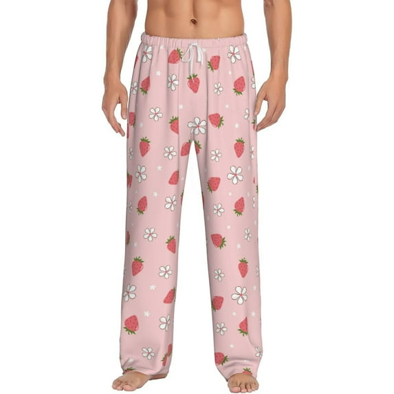 Logiee Floral Strawberr Print Pajama Pants for Men,Men’s Pajama Bottoms,Mens PJ Pants with Pockets & Button Fly-X-Large