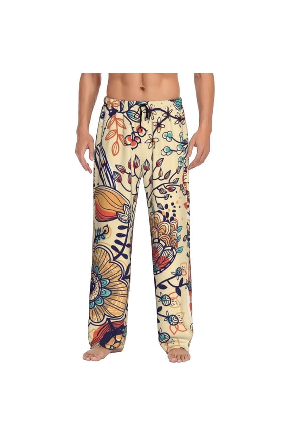 Floral With Birds And Fantasy Flowers Print Pajama Pants for Men,Men’s Pajama Bottoms,Mens PJ Pants with Pockets & Button Fly-Large