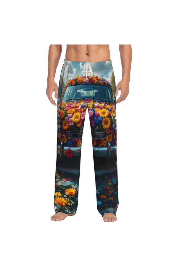 Flower Covered Vintage Car Print Pajama Pants for Men,Men’s Pajama Bottoms,Mens PJ Pants with Pockets & Button Fly-3X-Large