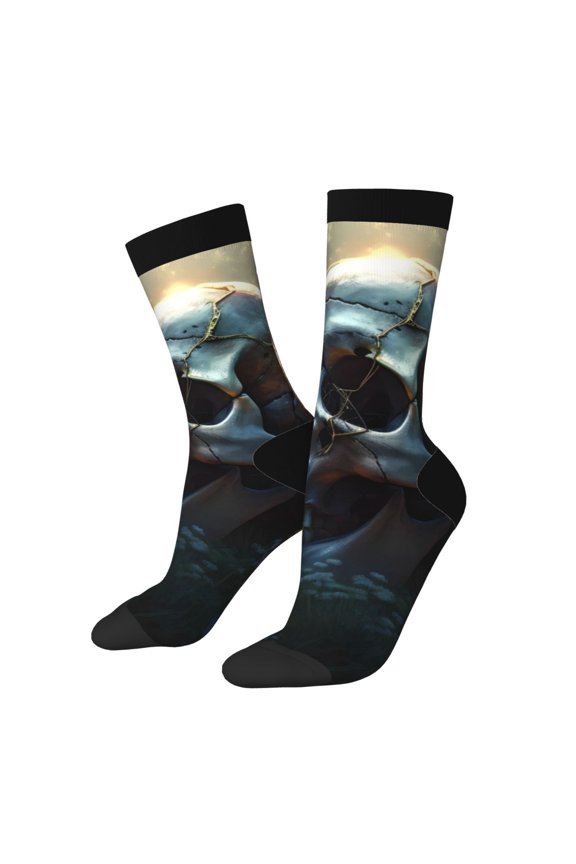 Flower Field Skull Print Adult Socks for Men & Women,Calf Socks, Ankle Socks,Boots Socks,Breathable Casual Sock,Unisex Crew Socks