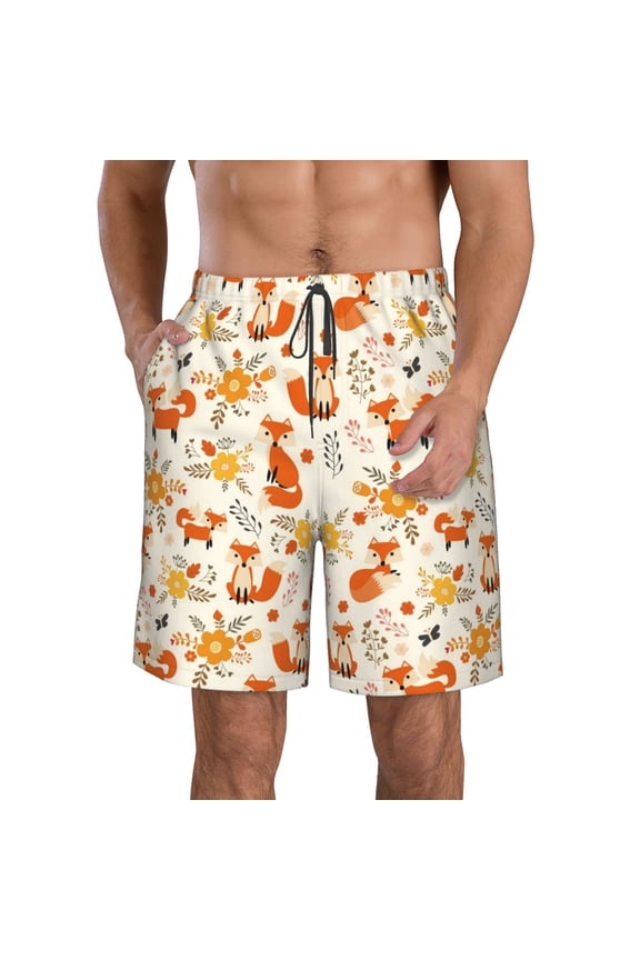 Flower Fox Print Mens Swim Trunks Quick Dry Board Shorts,Breathable Hawaii Beach Shorts Swimwear Bathing Suits-