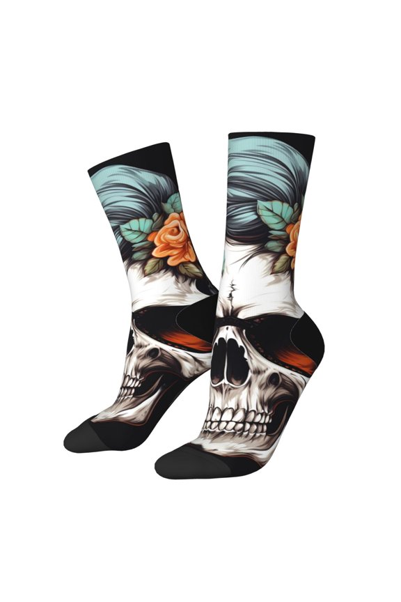 Flower Horn Skull Print Adult Socks for Men & Women,Calf Socks, Ankle Socks,Boots Socks,Breathable Casual Sock,Unisex Crew Socks