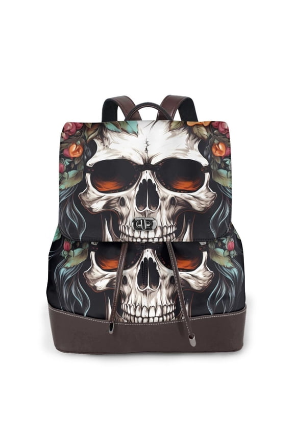 Flower Horn Skull Print Women's Leather Backpack,Travel Laptop Backpack,Fashion Ladies Leather Backpack Bag for Travel,Leather Drawstring Daypack for Me