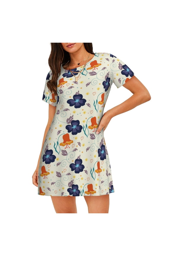 Flower Leaves Print Nightgowns for Women,Soft Short-Sleeved Lightweight Sleepwear, Loose Sleepshirts
