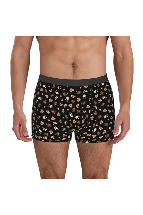 Flower Pattern On Black Print Mens Boxer Briefs,Boxer Briefs for Men,Breathable Stretch Underwear,Boys Boxer Briefs-Small