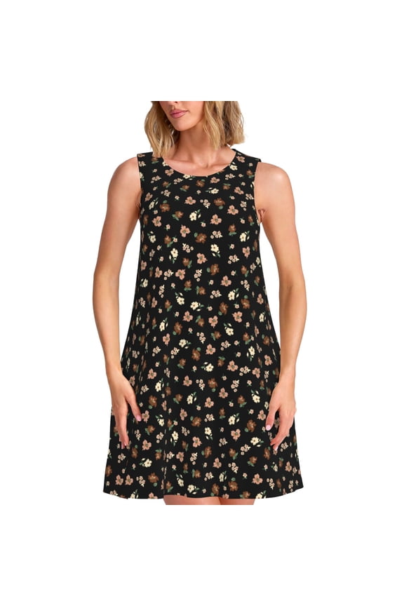 Flower Pattern On Black Print Summer Dresses for Women,Beach Sleeveless Flowy Pocket Tshirt Tank Sundresses,Women's Sleeveless Dress