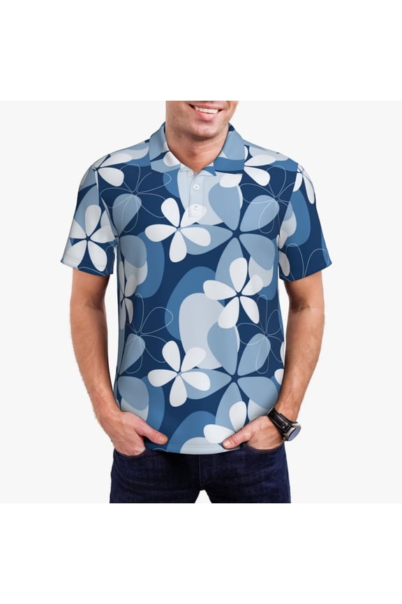 Flower Print Mens Polo Shirts,Mens Golf Polo Shirts,Short Sleeve Casual Polo Shirts for Men,Summer Fashion Beach Shirts-Large