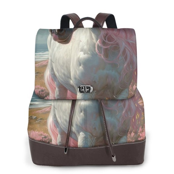 Logiee Flower White Horse (2) Print Backpack Purse for Women,Fashion Leather Backpack Purse,Women's Leather Backpack for Work College Travel