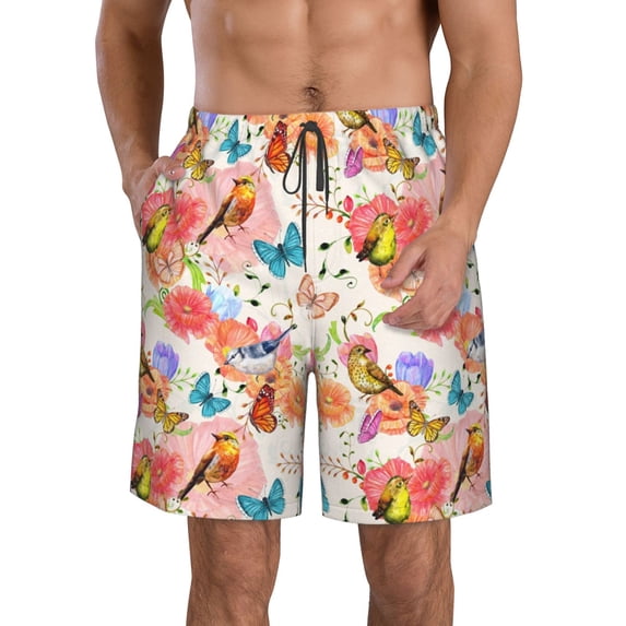 Logiee Flowers And Birds Watercolor Print Mens Swim Trunks Quick Dry Board Shorts,Breathable Hawaii Beach Shorts Swimwear Bathing Suits-XX-Large