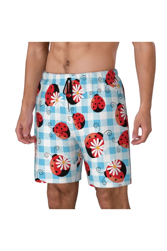 Flowers and Lady Bugs Print Men's Swim Trunk,Quick Dry Board Shorts ,Men's Swim Trunks with Compression Liner, Bathing Suits with Pockets-Large