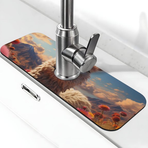 Logiee Fluffy Alpaca Mountain Meadow Print Kitchen Sink Splash Guard Faucet Mat for Splash Guard Behind Faucet Drip Catcher for Kitchen,Bathroom,Sink Mat,Dish Drying Mat,Bathroom-15" X 5.5"