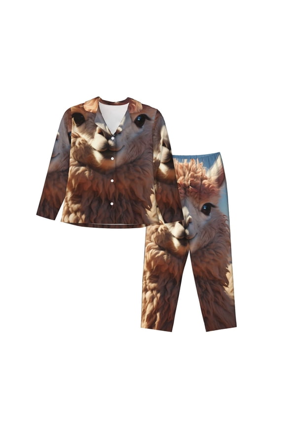 Fluffy Alpaca Mountain Meadow Print Womens Pajamas Set,Long Sleeve Sleepwear,Button Down Lounge Set 2 Pieces,Soft Nightwear Pjs Set-X-Large