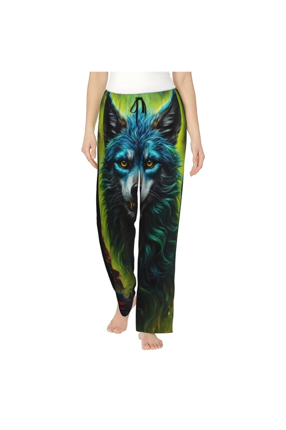 Fluorescent Wolf Print Women Pajama Pants,Comfy Pj Bottom with Pockets & Drawstring,Stretch Casual Sleepwear-Large