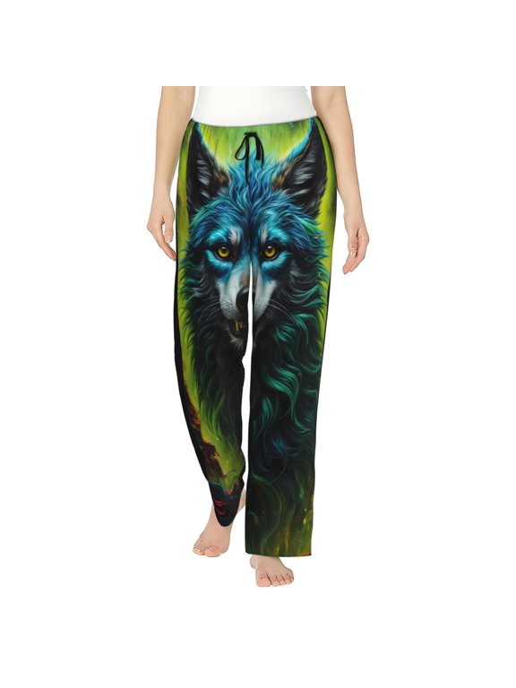 Fluorescent Wolf Print Women Pajama Pants,Comfy Pj Bottom with Pockets & Drawstring,Stretch Casual Sleepwear-X-Large