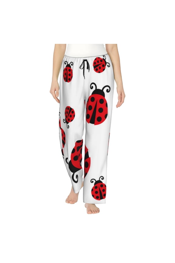 Fly Flying Ladybug Print Women Pajama Pants,Comfy Pj Bottom with Pockets & Drawstring,Stretch Casual Sleepwear-Medium