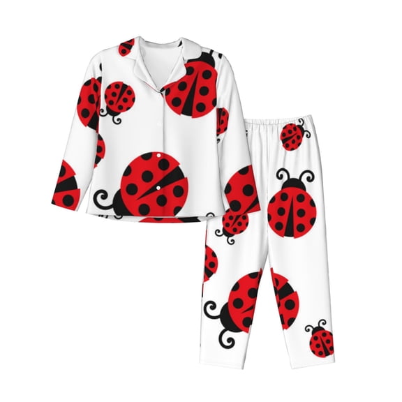 Logiee Fly Flying Ladybug Print Womens Pajamas Set,Long Sleeve Sleepwear,Button Down Lounge Set 2 Pieces,Soft Nightwear Pjs Set-