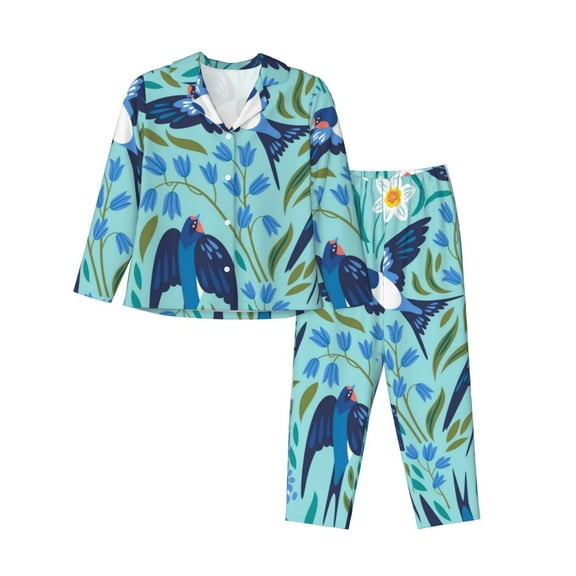 Logiee Flying Swallows Print Womens Pajamas Set,Long Sleeve Sleepwear,Button Down Lounge Set 2 Pieces,Soft Nightwear Pjs Set-Large